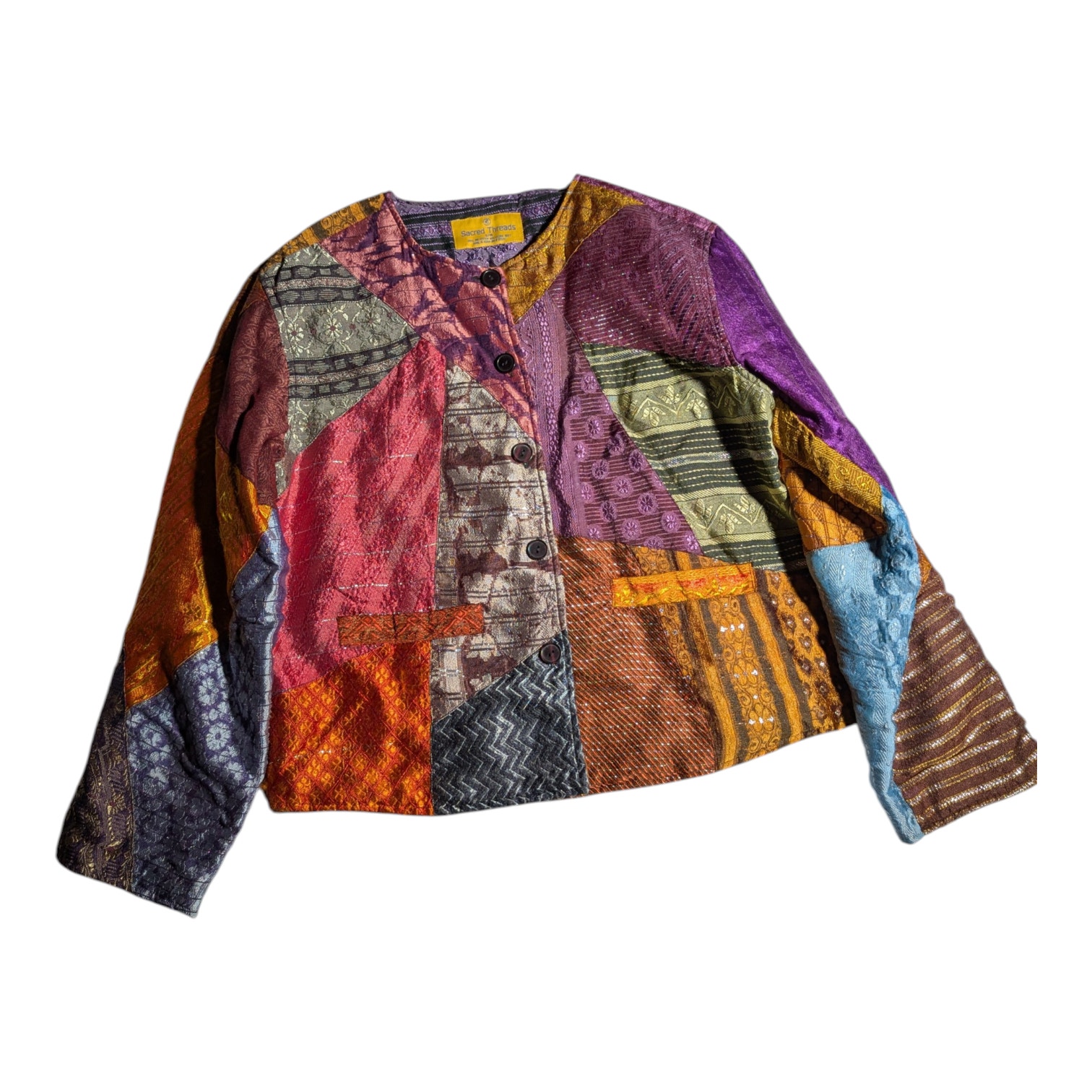 Vtg Y2k Sacred Threads Colorful Patchwork Satin Button Up Collarless Jacket S M